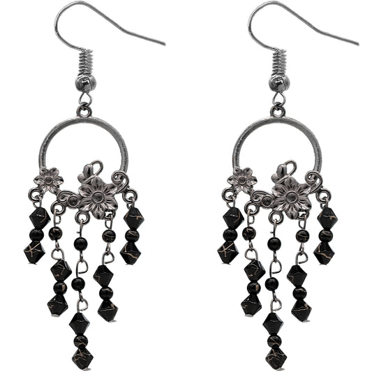 Black Long Beaded Floral Dangle Earrings