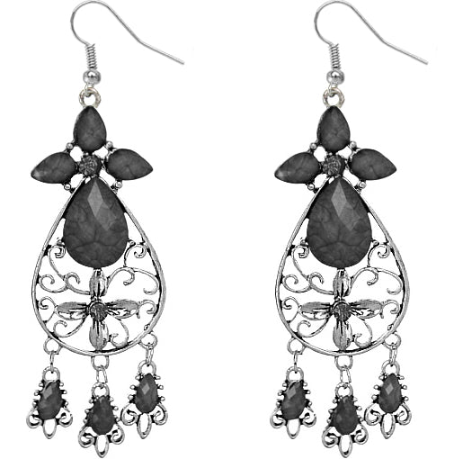 Black Faceted Floral Filigree Teardrop Earrings