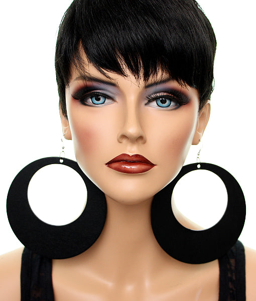 Black Gigantic Wooden Round Hoop Earrings