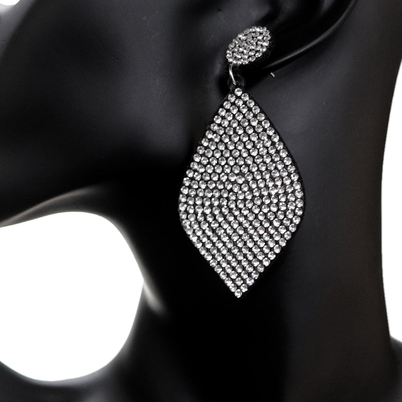 Black Silver Felt Pave Diamond Shaped Rhinestone Earrings