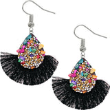 Black Faux Gemstone Teardrop Tassel Fan Earrings