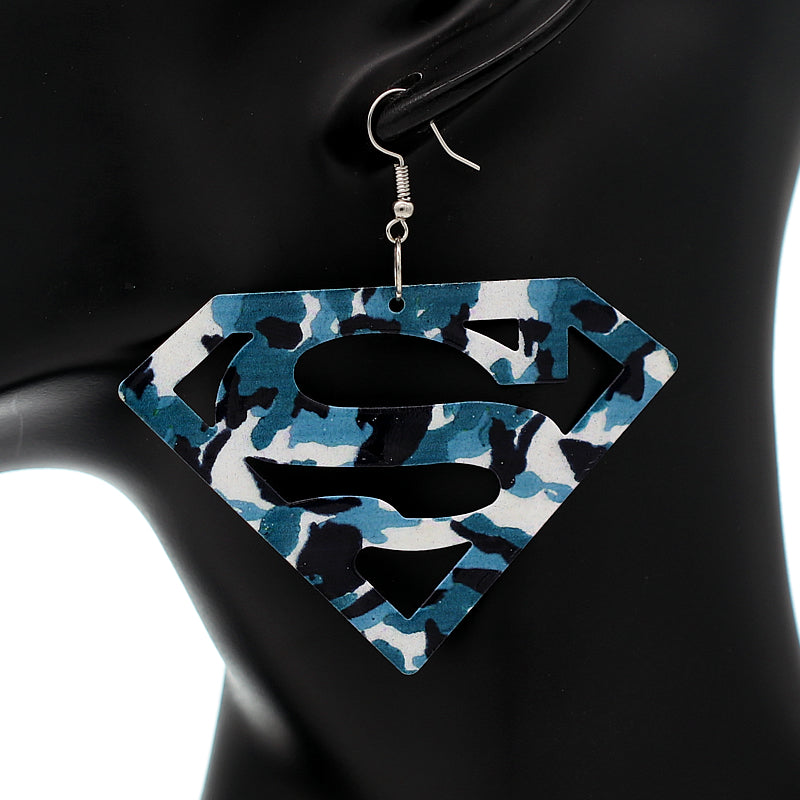 Denim Blue Camo Superman Diamond Shaped Metal Earrings