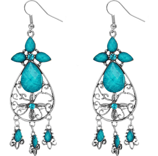 Blue Faceted Floral Filigree Teardrop Earrings