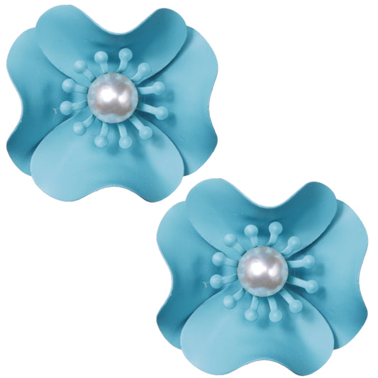 Blue Faux Pearl Flower Earrings