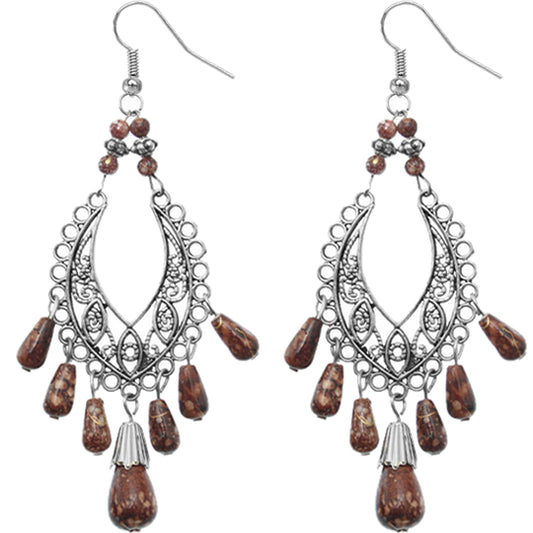 Brown Silver Beaded Earrings