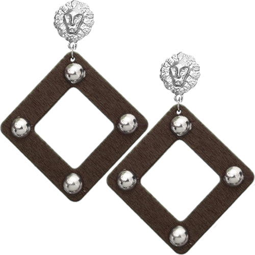 Brown Wooden Lion Head Dangle Earrings