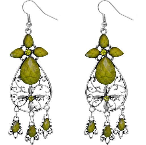 Green Faceted Floral Filigree Teardrop Earrings