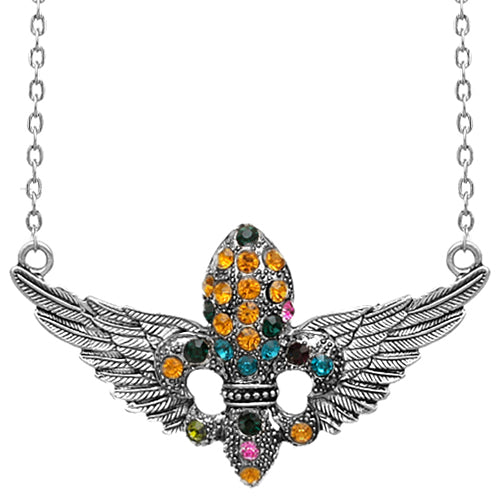 Orange Fleur De Lis Rhinestone Charm Necklace