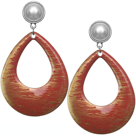 Orange Teardrop Brush Textured Clip-On Earrings