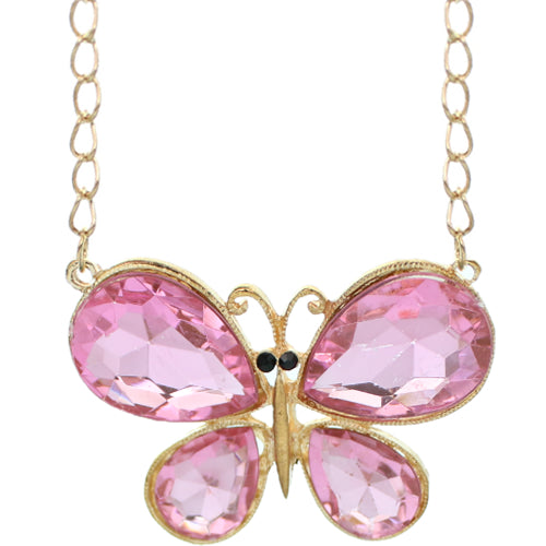 Pink Butterfly Gemstone Charm Chain Necklace