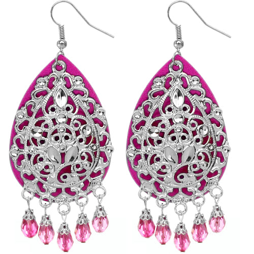 Pink Beaded Filigree Dangle Earrings