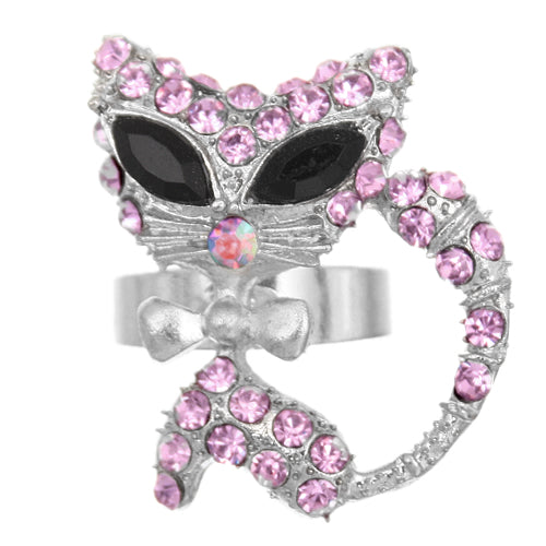 Pink Rhinestone Fox Bow Tie Adjustable Ring