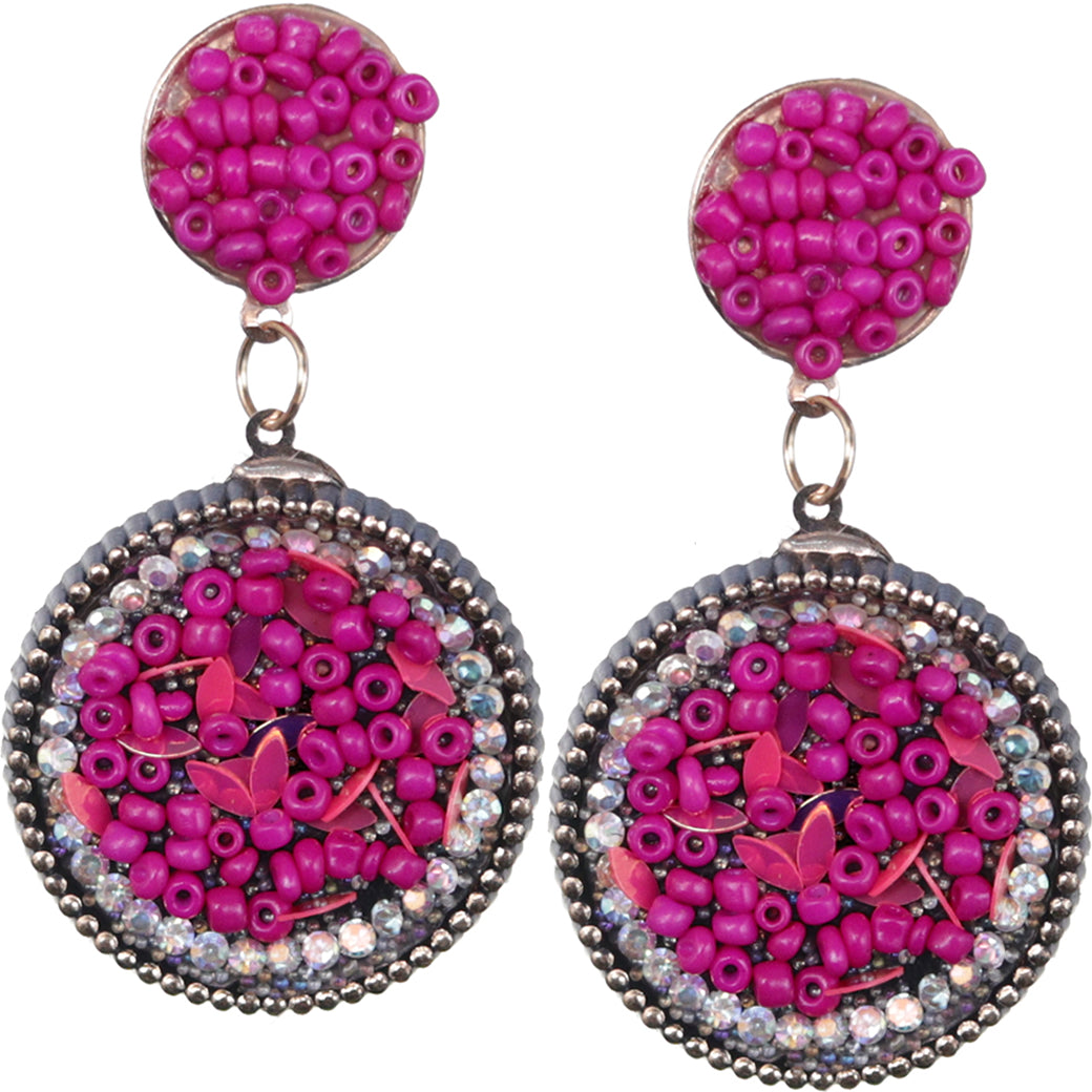 Pink Seed Bead Round Flat Disc Earrings