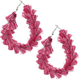 Pink White Wrapped Tassel Teardrop Hoop Earrings