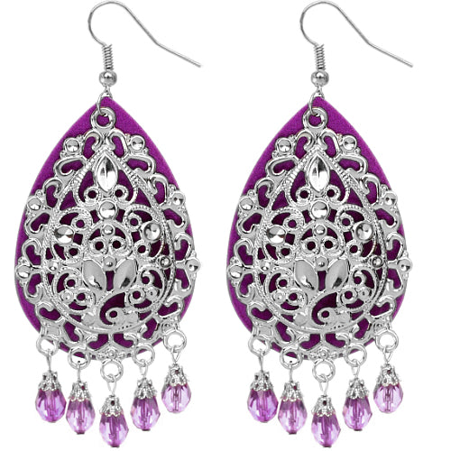 Purple Beaded Filigree Dangle Earrings