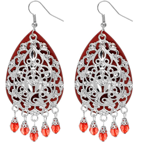 Red Beaded Filigree Dangle Earrings