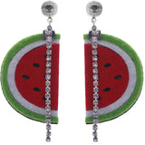 Green Red Seeded Watermelon Half Rhinestone Earrings