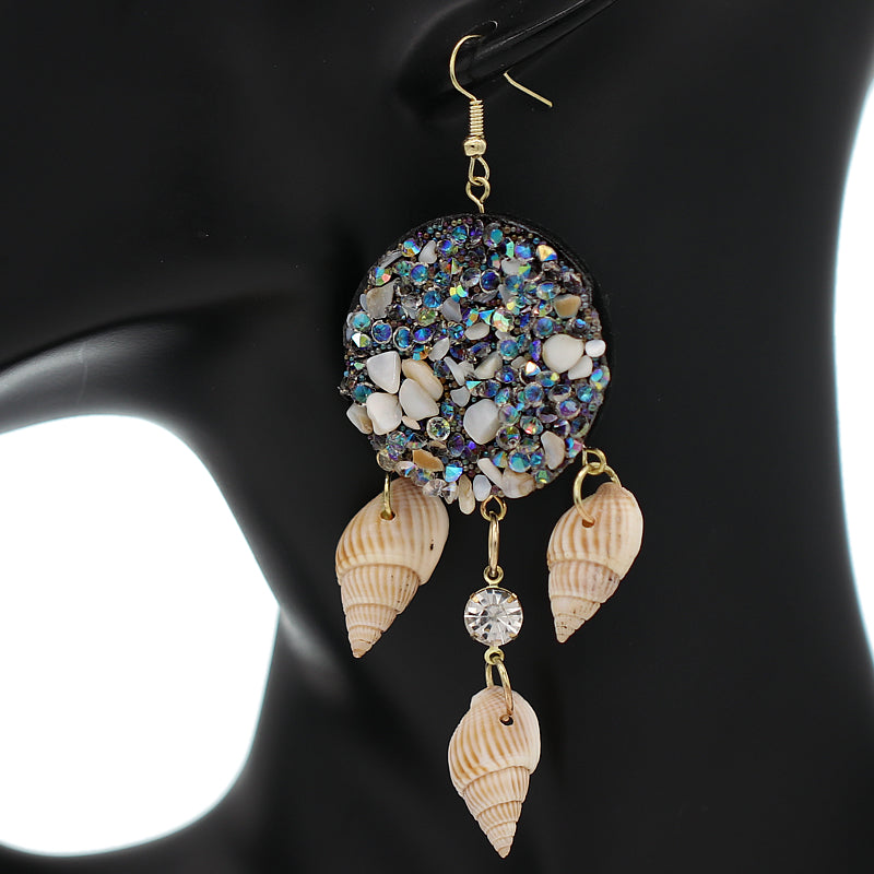 White Gold Beaded Seashell Felt Dangle Earrings