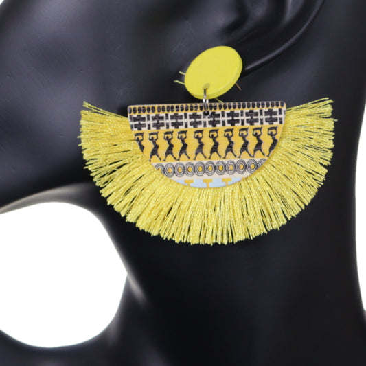 Yellow Wooden African Print Tassel Fan Earrings