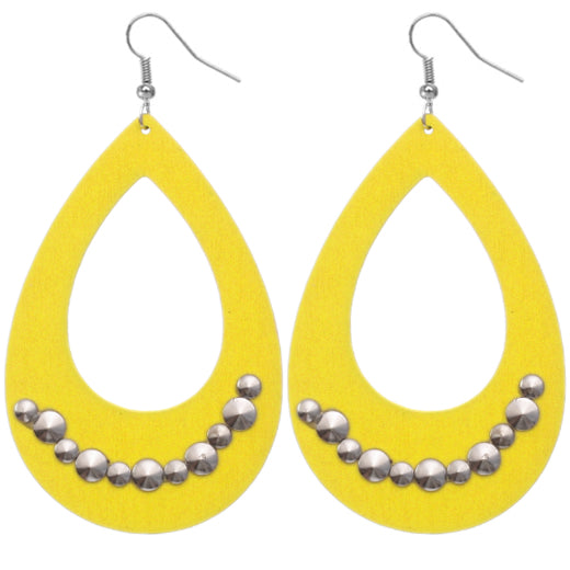 Yellow Wooden Large Teardrop Studded Earrings